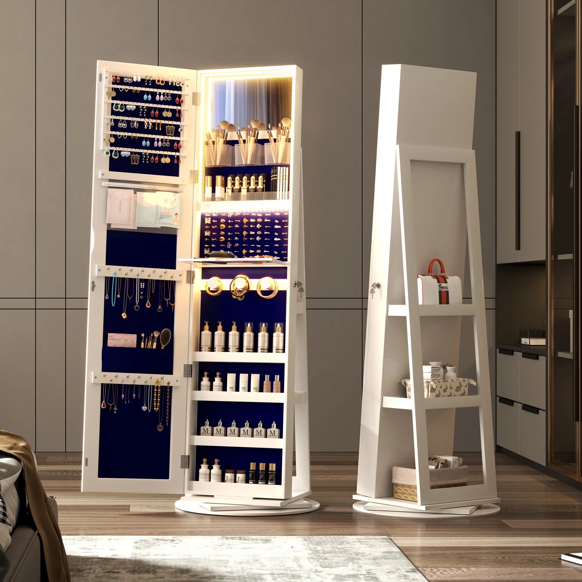 2026 LVSOMT 360° drehbarer LED-Schmuckschrank mit Ganzkörperspiegel, großer Schmuckschrank, verschließbarer Standspiegel, Schmuck-Organizer mit innerem Schminkspiegel und weichem Samt für Wohnzimmer und Schlafzimmer
