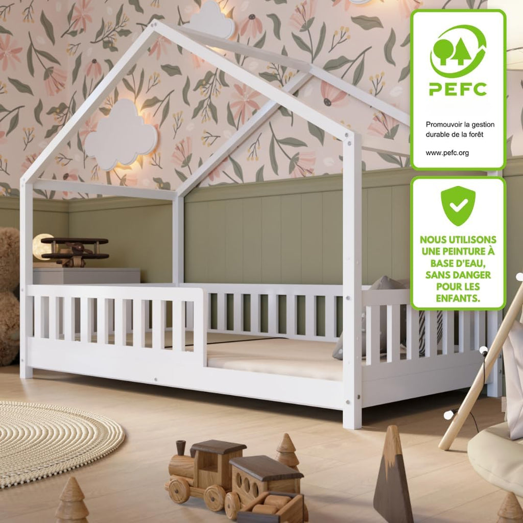 2026 Lit cabane Crazy Pine Crazy House avec tiroirs 190 x 90 cm &ndash; Lit enfant en bois naturel avec barri&egrave;re &ndash; Lit Montessori au sol avec rangement suppl&eacute;mentaire et barri&egrave;re amovible