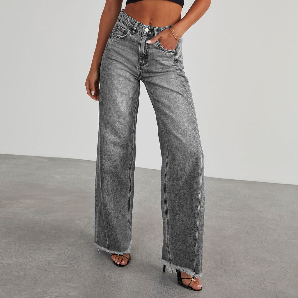 Jean taille haute jambes droites en denim confortable coupe ajustée pour femme