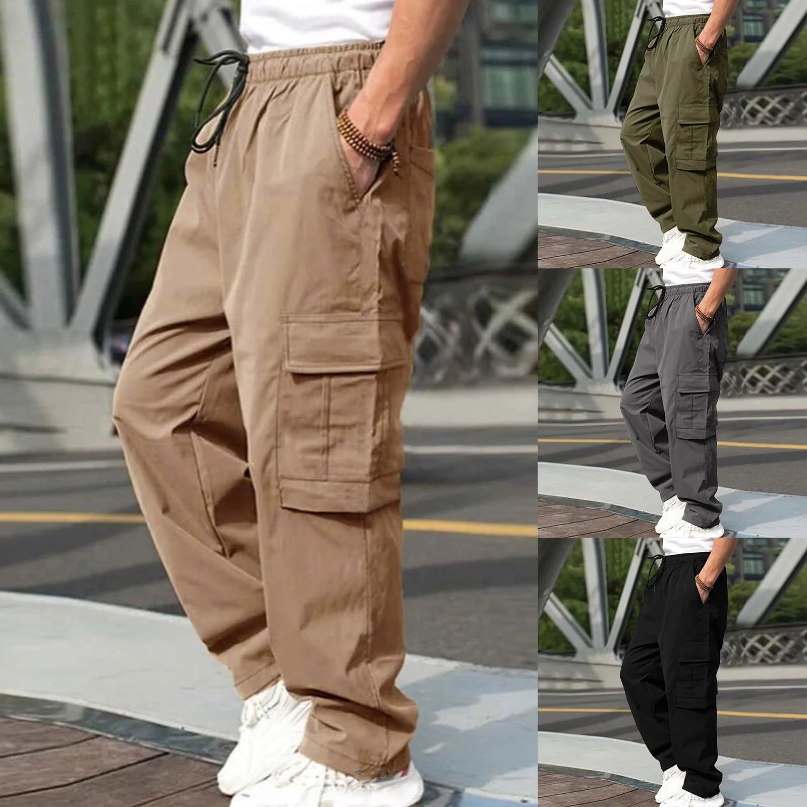 2026 Men's Casual Straight Cargo Trousers Drawstring Waist Pockets Style Everyday