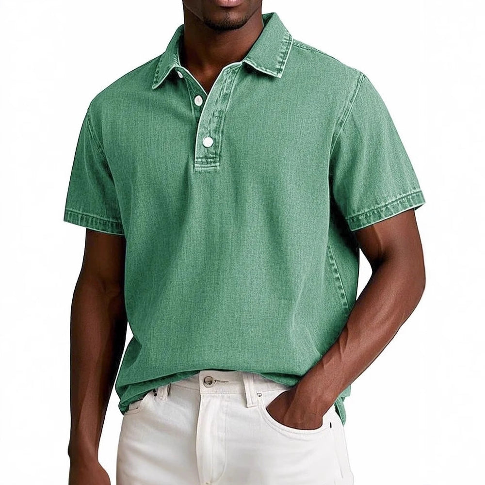 Polo couleur unie vintage manches courtes à revers décontracté pour homme