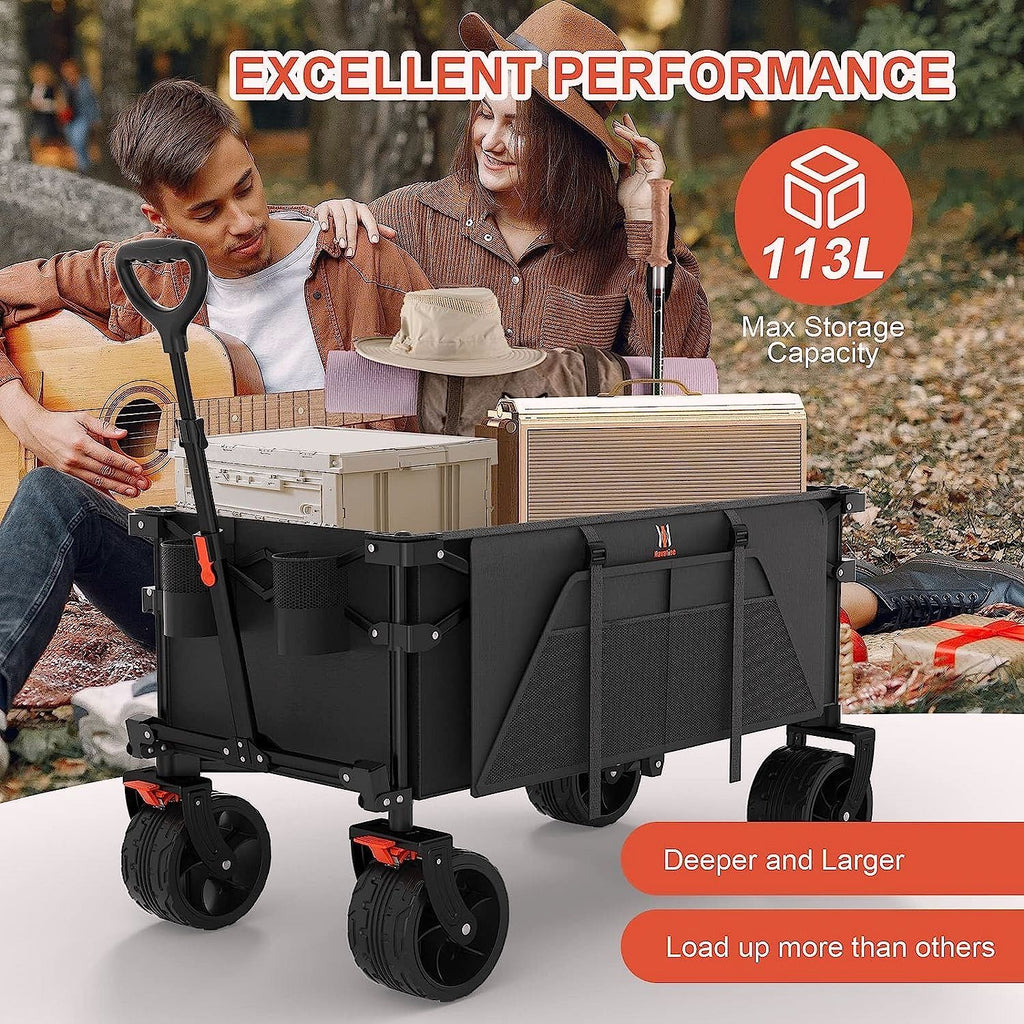 2026 Chariot pliable Navatiee T1 – Chariot de transport robuste avec grandes roues, wagon pliant pour plage et courses avec poches latérales et freins, idéal pour camping, jardin et sport