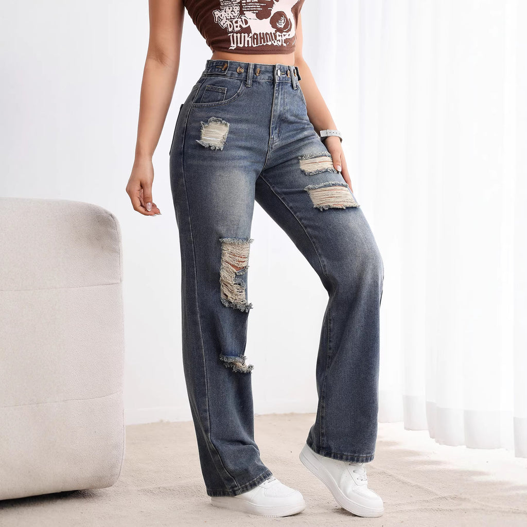 Jean taille haute jambes droites ripped en denim décontracté pour femme