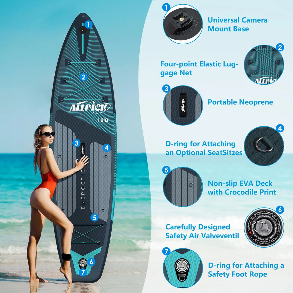 2026 ALLPICK Premium SUP Board Set, Stand Up Paddling Board Aufblasbar, Mit Universal Kamerahalterung, Komplettes Zubehör, Verstellbares Paddel, Anfänger, Fortgeschrittene, 180kg (Premium-Grün)
