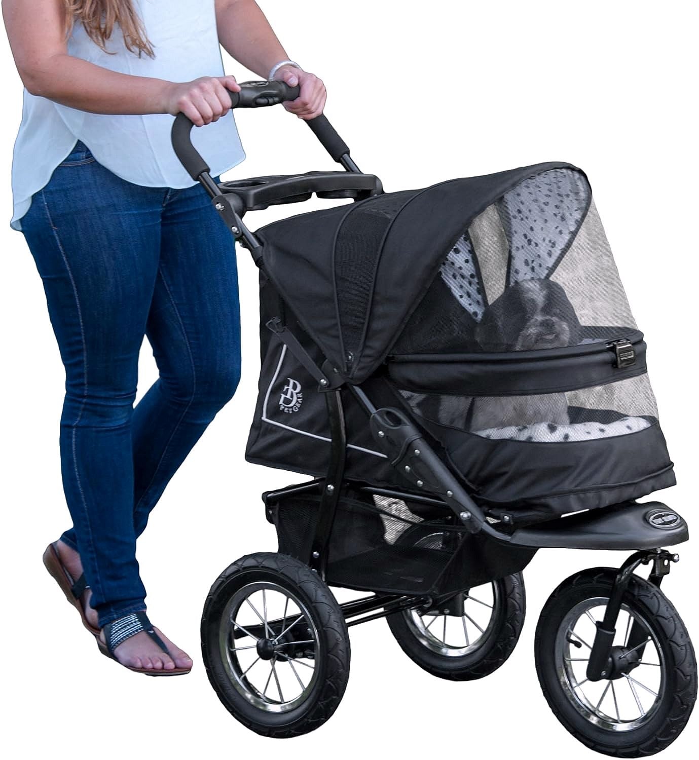 2026 Poussette pour animaux No-Zip NV pour chats et chiens Entrée sans fermeture éclair · Pliage à une main · Roues remplies de gel · Coussin en peluche & protection contre les intempéries inclus · 3 coloris