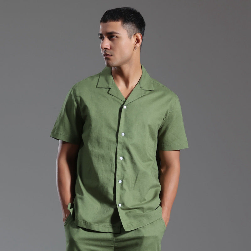 Chemise col cubain en coton et lin manches courtes été décontracté pour homme