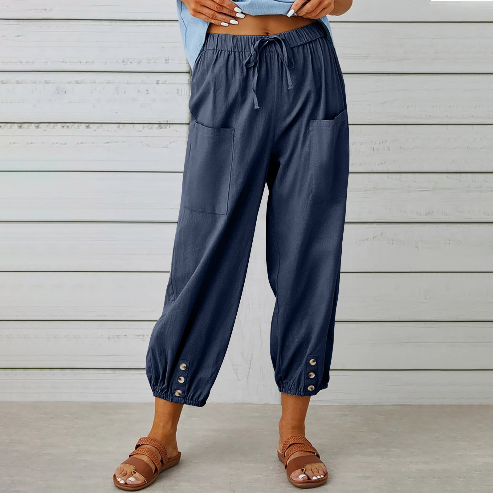 Pantalon à cordon à nouer en coton et lin poches décontracté pour femme