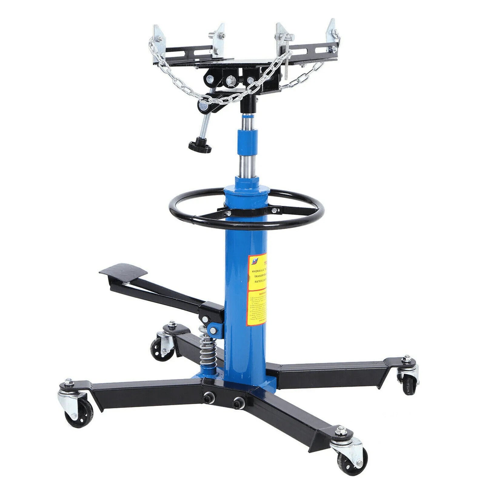 2026 Vertikaler hydraulischer Getriebeheber für Autos, Tragfähigkeit 0,75 Tonne (1660 Pfund), Hubhöhe 33" bis 70", mit 360° schwenkbaren Rollen und Fußpedal – Blau