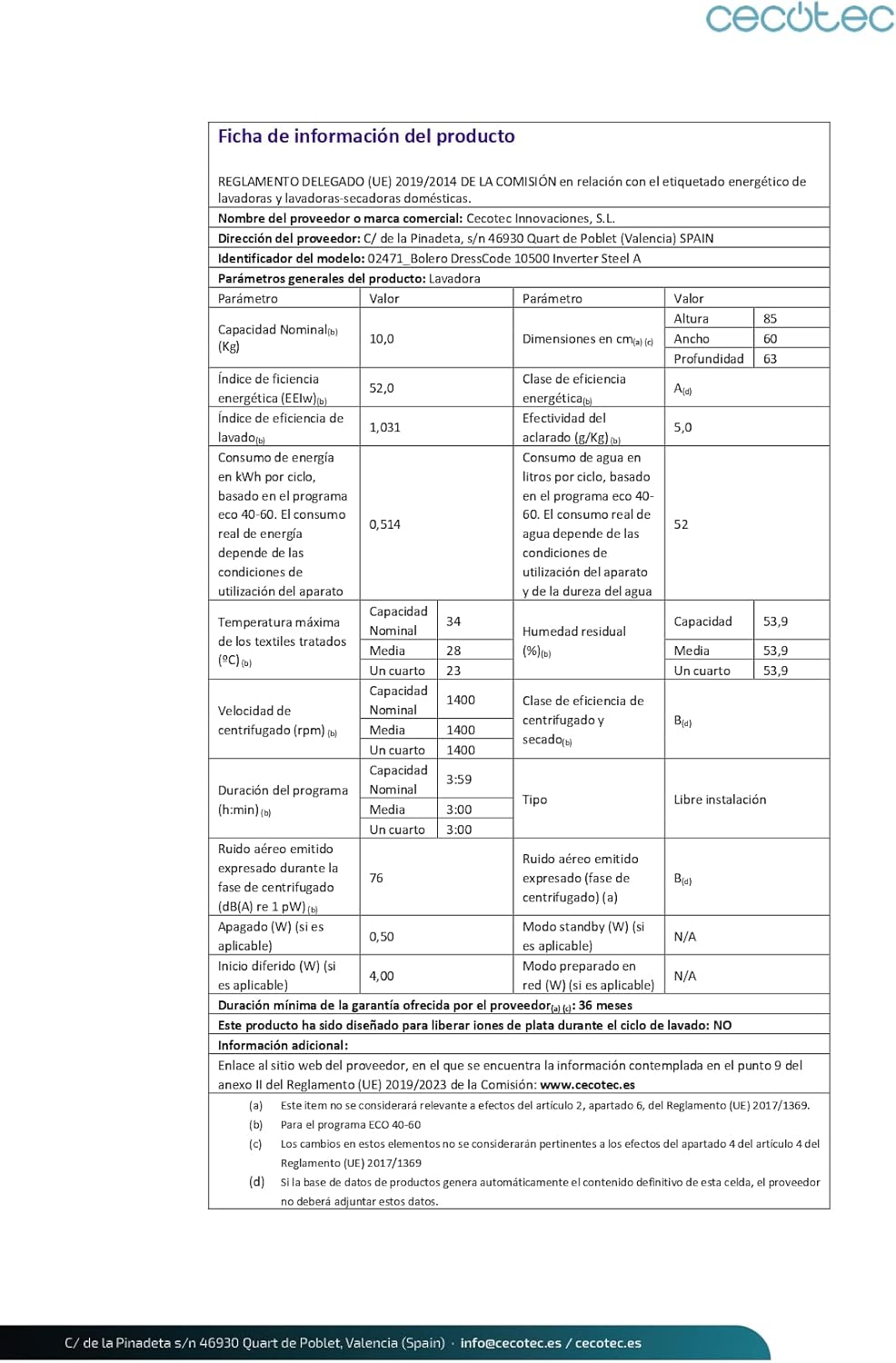 2026 Cecotec Bolero Dresscode 10500 Inverter Steel A. Lave-linge 10 kg Steel, 1400 tr/min, Moteur Inverter Plus, Vapeur, Classe A.