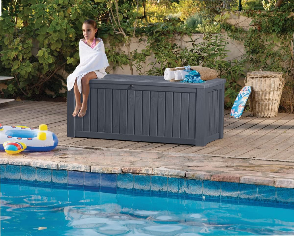 2026 2025 KETER Rockwood 570L – Coffre de Rangement Extérieur Étanche et Résistant, Banc Multifonction, Édition Limitée