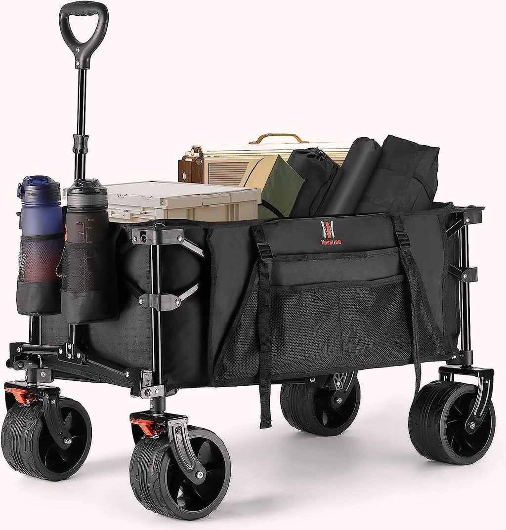 2026 Chariot pliable Navatiee T1 – Chariot de transport robuste avec grandes roues, wagon pliant pour plage et courses avec poches latérales et freins, idéal pour camping, jardin et sport