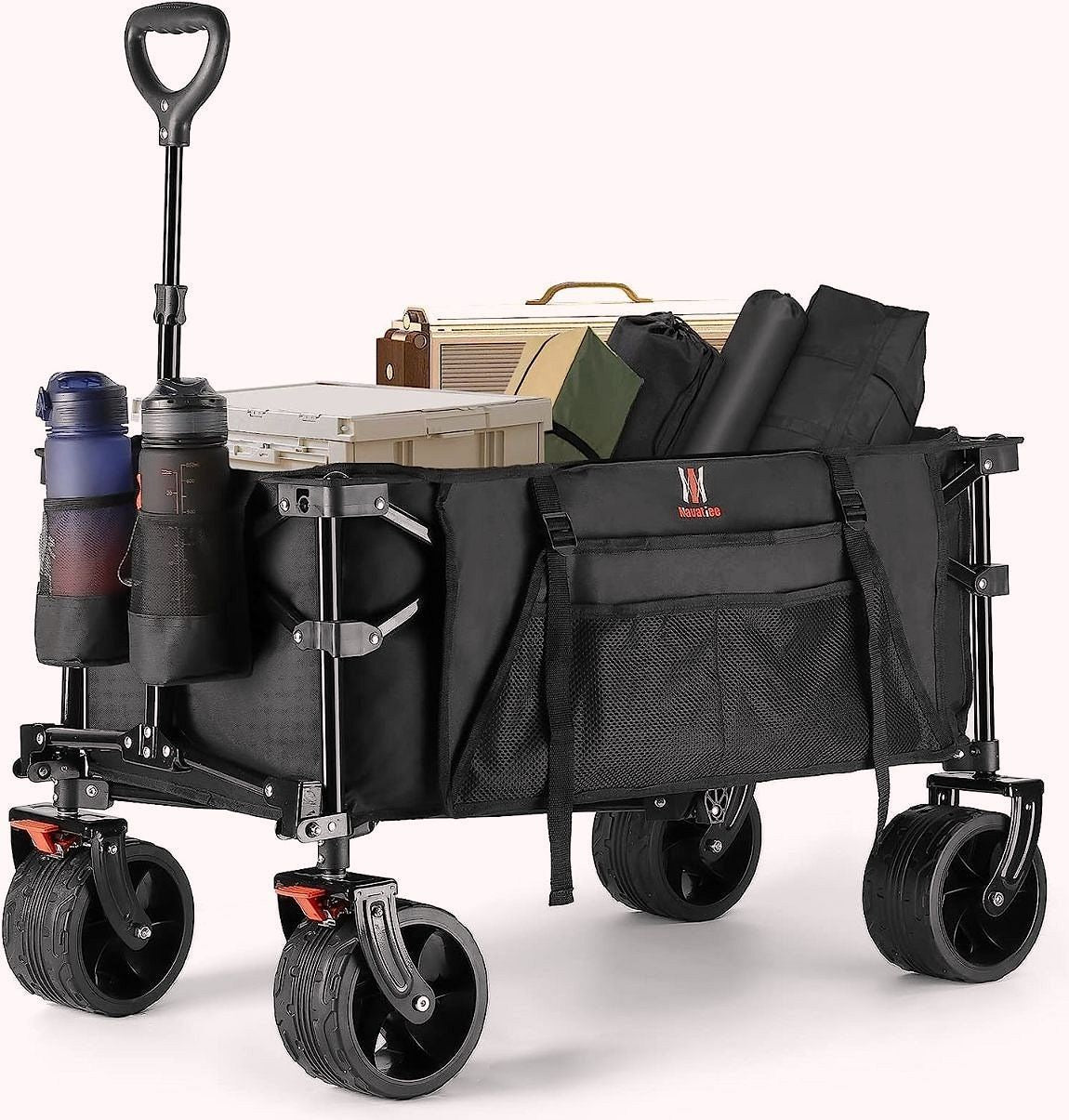 2026 Chariot pliable Navatiee T1 – Chariot de transport robuste avec grandes roues, wagon pliant pour plage et courses avec poches latérales et freins, idéal pour camping, jardin et sport