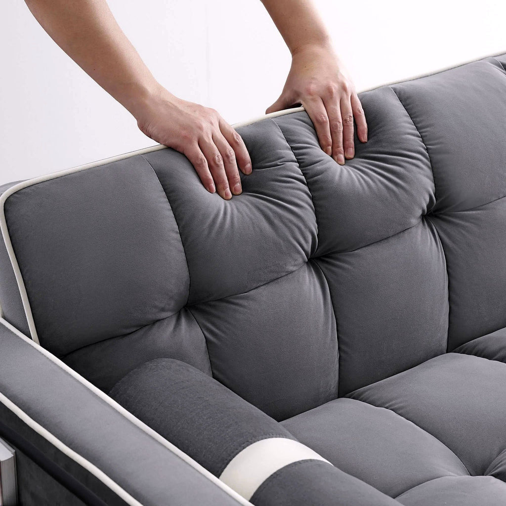 2026 Canapé-lit convertible 3-en-1, petit canapé en velours avec lit escamotable, dossier réglable, coussins cylindriques, poches multiples et porte-téléphone – Gris, 55,5"