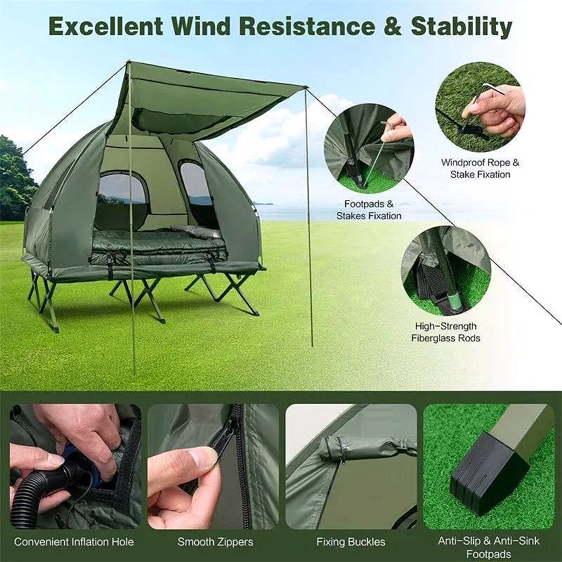 2026 Lit de Camping avec Tente 5-en-1 pour 2 Personnes – Combo Tente Outdoor Portable avec Matelas Gonflable, Sacs de Couchage & Pare-Soleil