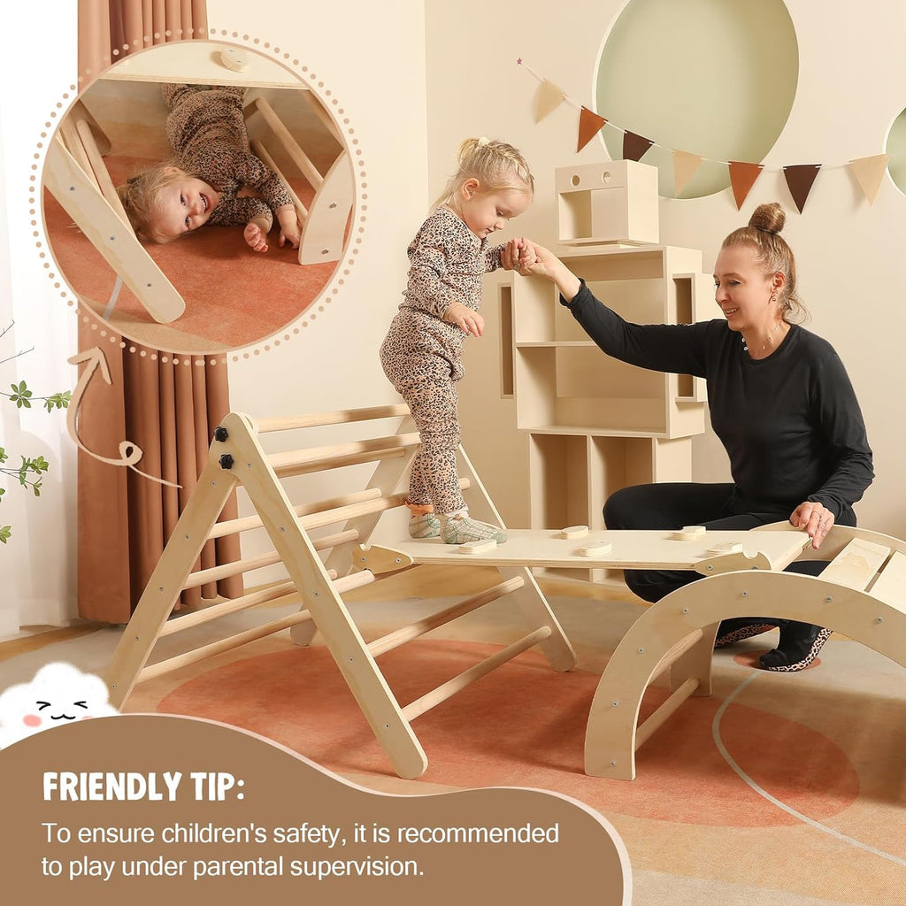 2026 Dreieck-Set mit Kissen, 5-in-1 Montessori-Kletterset, faltbar, Kletter-Indoor-Spielplatz-Set für Kleinkinder, Holz-Kletterspielzeug mit Rampe und Kletterbogen für Kinder (Holzfarbe)
