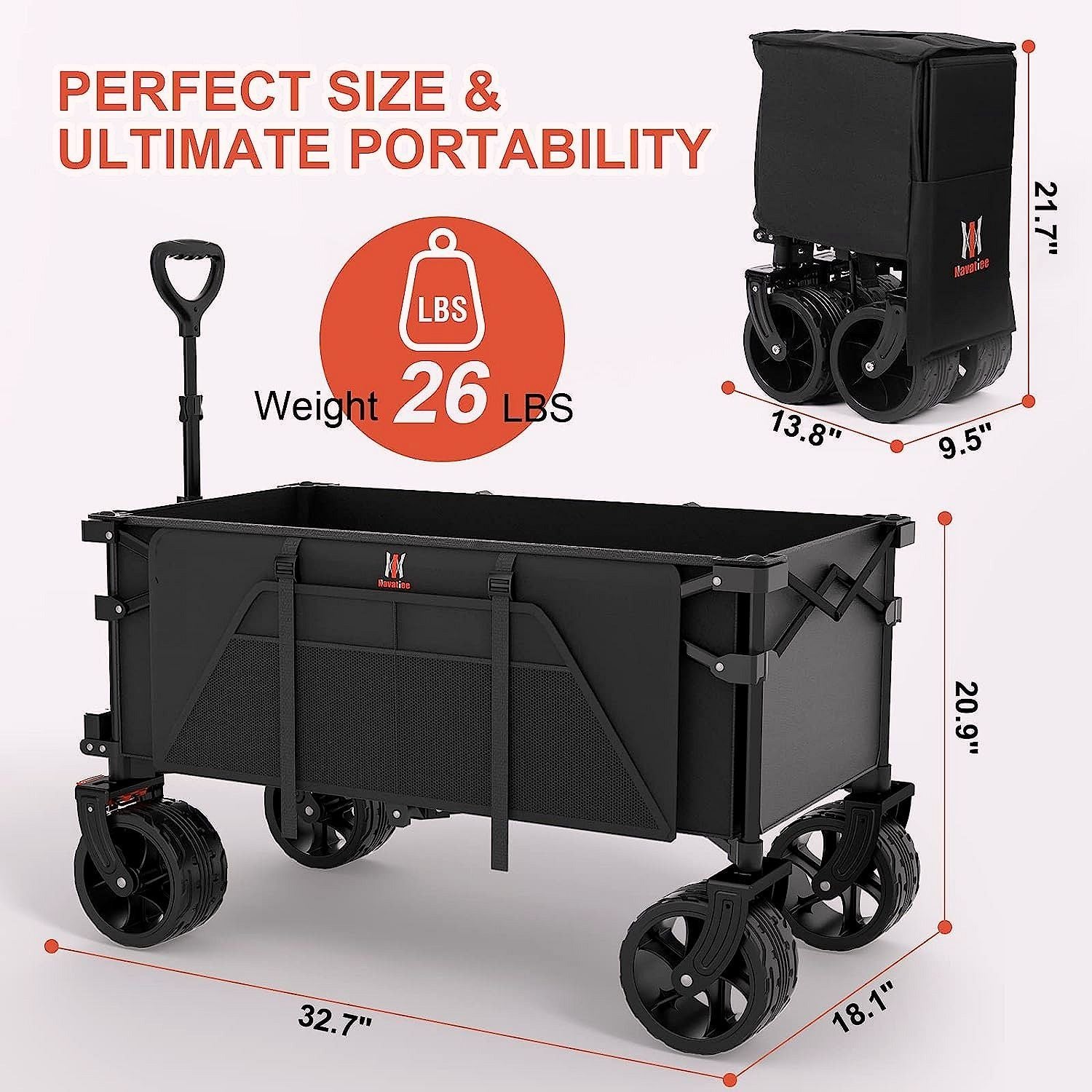 2026 Chariot pliable Navatiee T1 – Chariot de transport robuste avec grandes roues, wagon pliant pour plage et courses avec poches latérales et freins, idéal pour camping, jardin et sport