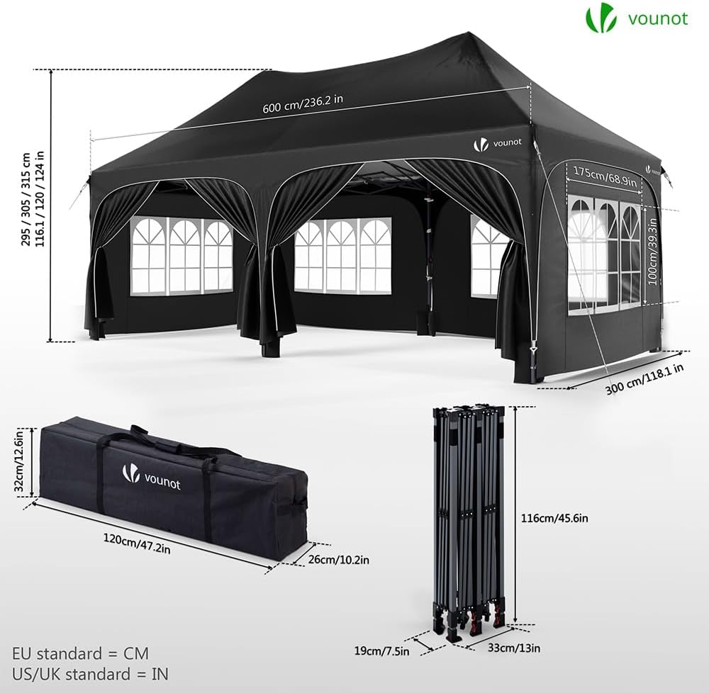 2026 Tonnelle de Jardin Extérieur 3x6m Barnum Pliant avec 6 Parois Amovibles et 6 Sacs de Sable Tente de Reception Imperméable et Anti-UV pour Camping Festival Mariage Sac de Transport Inclus Noir