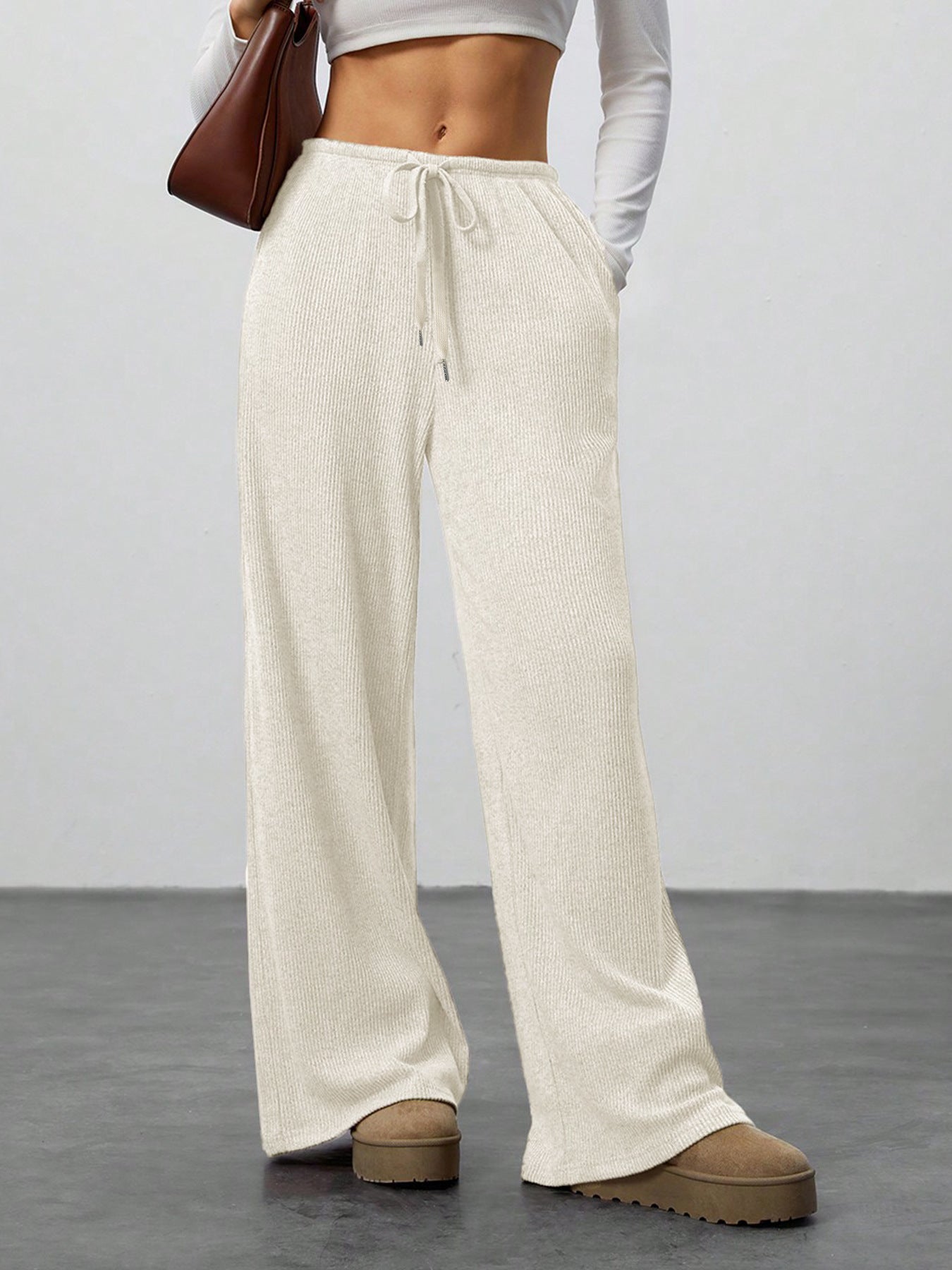 Pantalon couleur unie ample jambes larges à cordon décontracté pour femme