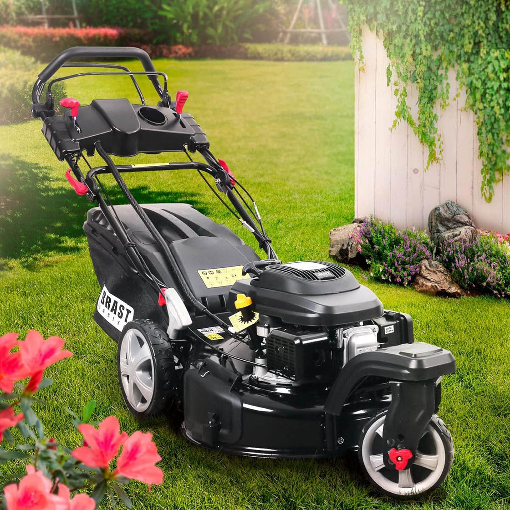 2026 BRAST tondeuse thermique 3 roues TRIKE E-START 224cc 53cm tractée démarrage électrique mulching 4en1 capot en tôle en acier 60l - moteur 4 temps de la marque française GT reglable