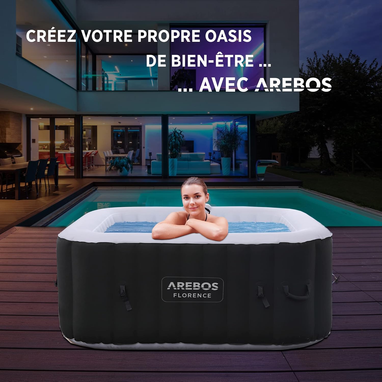 2026 Arebos Spa Gonflable | pour l'intérieur et l'extérieur | 4 Personnes | 154x154cm | 100 Jets de Massage | Spa Bien-être Chauffage | Massage Gonflable Carré | 600 litres