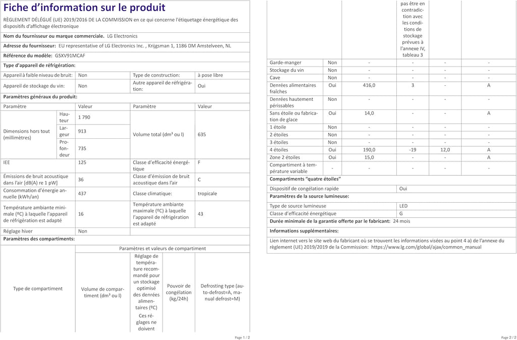 2026 LG GSXV91MCAF Réfrigérateur combiné - Side by Side, 635L, InstaView, Total No-Frost, Compartiment congélation, Distributeur d'eau et glace UVnano, Compresseur Inverter Linear, Wi-Fi, Noir, Classe F