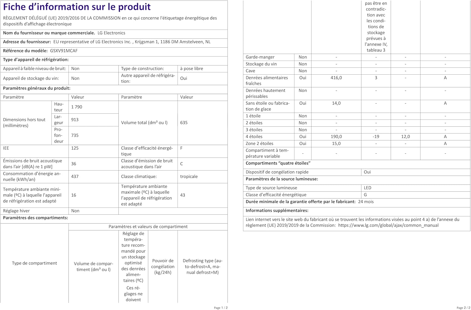 2026 LG GSXV91MCAF Réfrigérateur combiné - Side by Side, 635L, InstaView, Total No-Frost, Compartiment congélation, Distributeur d'eau et glace UVnano, Compresseur Inverter Linear, Wi-Fi, Noir, Classe F
