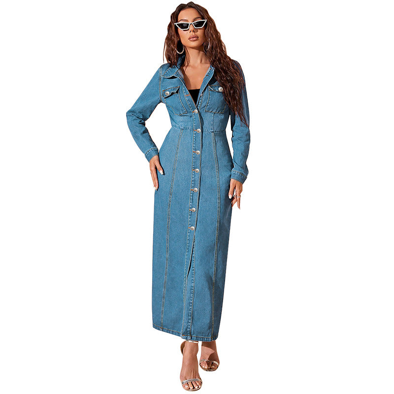Doudoune en denim boutonné maxi décontracté style urbain pour femme