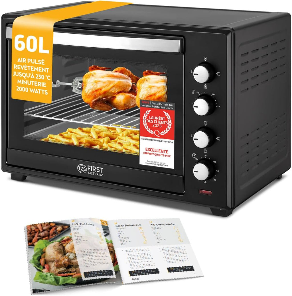 2026 TZS First Austria Mini-four 60 l I 2000 W I Convection + Rôtisserie I 4 éléments chauffants I Plage de température jusqu'à 230 °C I Minuterie 60 min I Inox I Noir