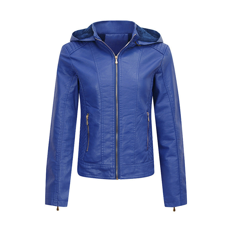Veste peluche à capuche en cuir coupe ajustée hiver chaud pour femme