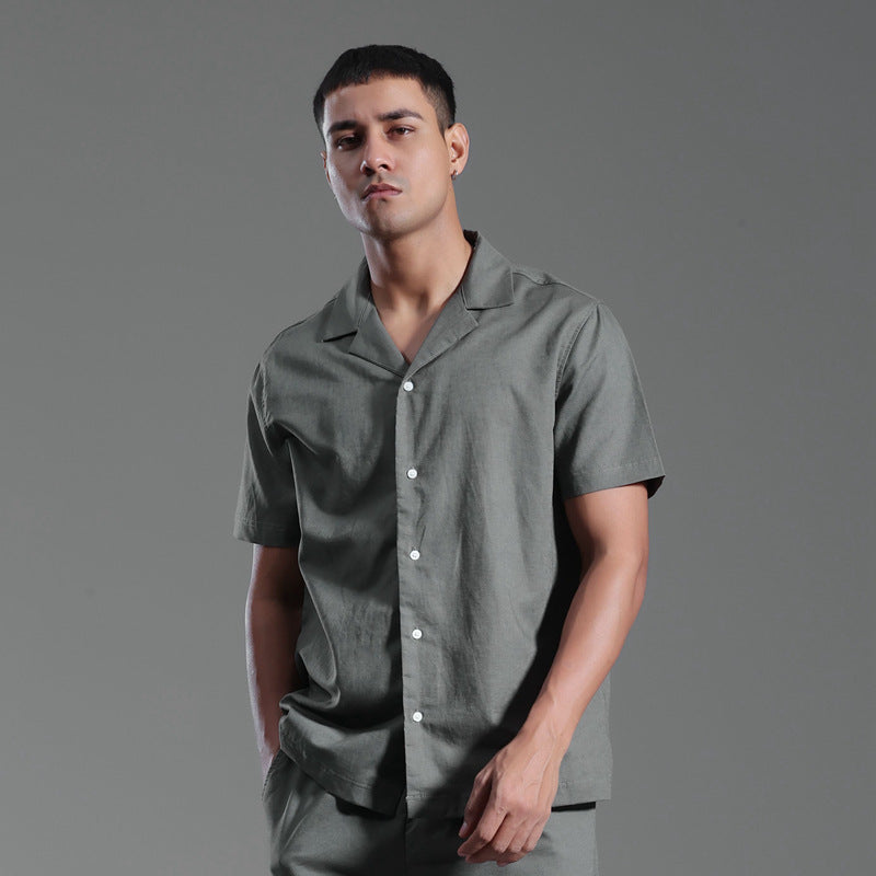 Chemise col cubain en coton et lin manches courtes été décontracté pour homme