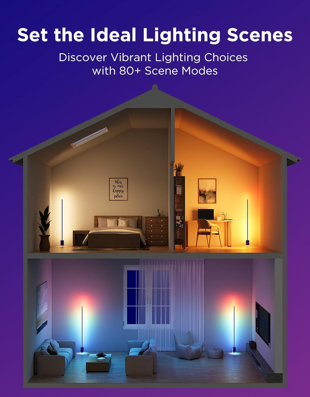 2026 2025 Lampadaire Govee 2 avec Matter, LED RGBIC, Blanc Chaud et Froid, Compatible Alexa, 1725 lm, Synchronisation Musique, Modes Scènes, Lampadaire Intelligent pour Salon et Chambre, Noir (1 Pièce)