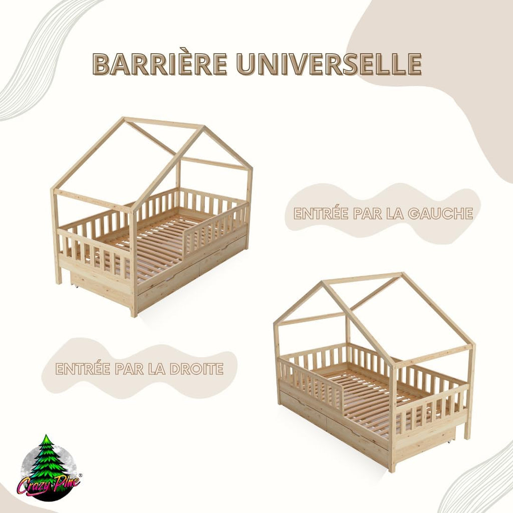 2026 Lit cabane Crazy Pine Crazy House avec tiroirs 190 x 90 cm &ndash; Lit enfant en bois naturel avec barri&egrave;re &ndash; Lit Montessori au sol avec rangement suppl&eacute;mentaire et barri&egrave;re amovible
