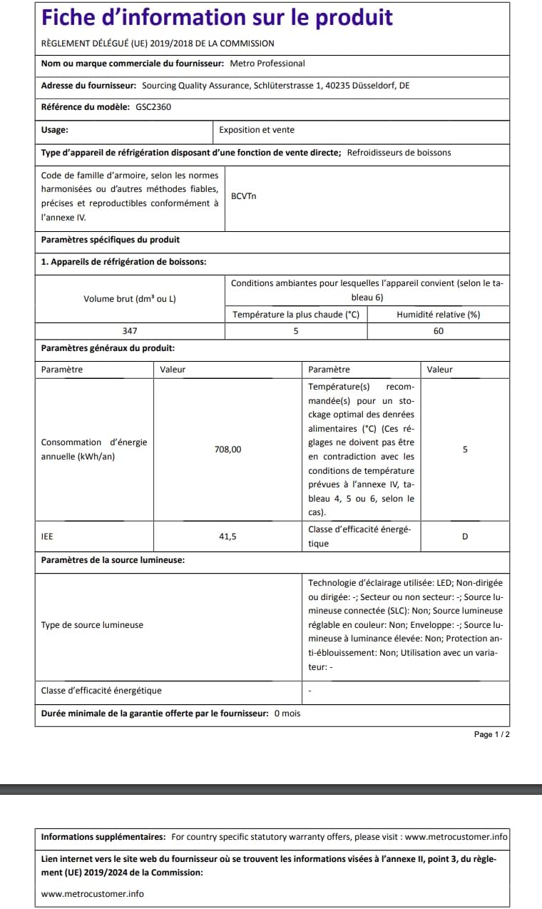 2026 METRO Professional Réfrigérateur à Boissons GSC2360B, Acier/Verre, 62 x 63.6 x 175.3 cm, 347 L, avec Serrure, Noir