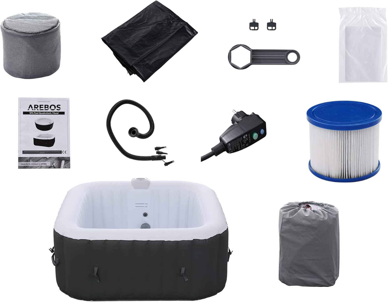 2026 Arebos Spa Gonflable | pour l'intérieur et l'extérieur | 4 Personnes | 154x154cm | 100 Jets de Massage | Spa Bien-être Chauffage | Massage Gonflable Carré | 600 litres