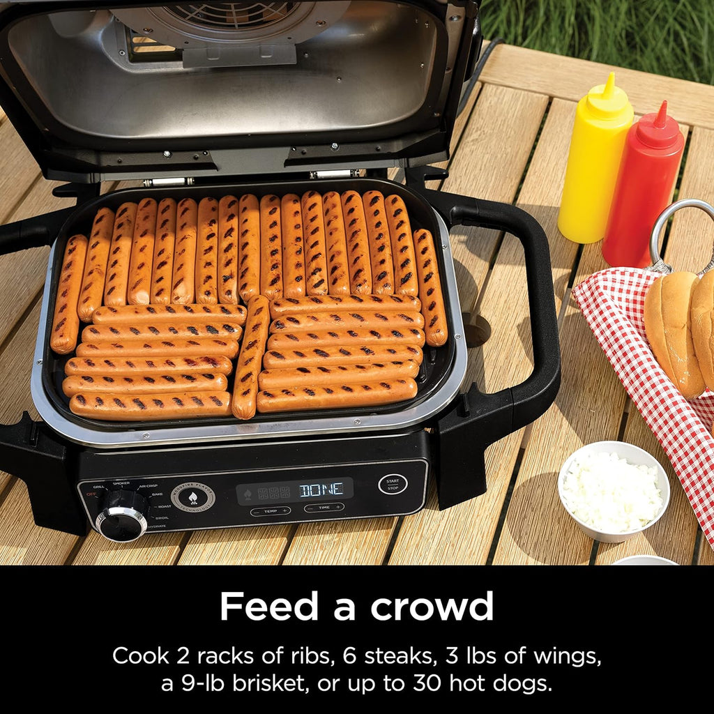 2026 Ninja Woodfire Pro Gril et fumoir 7 en 1 avec thermomètre, friteuse à air, barbecue, pâtisserie, grillades, grillades, barbecue électrique portable pour extérieur, gris