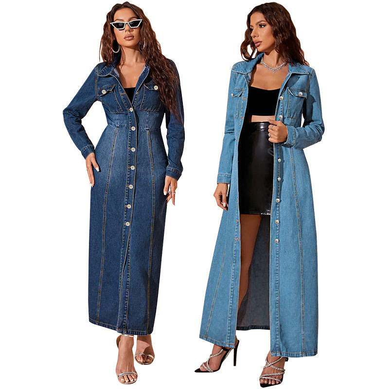 Doudoune en denim boutonné maxi décontracté style urbain pour femme