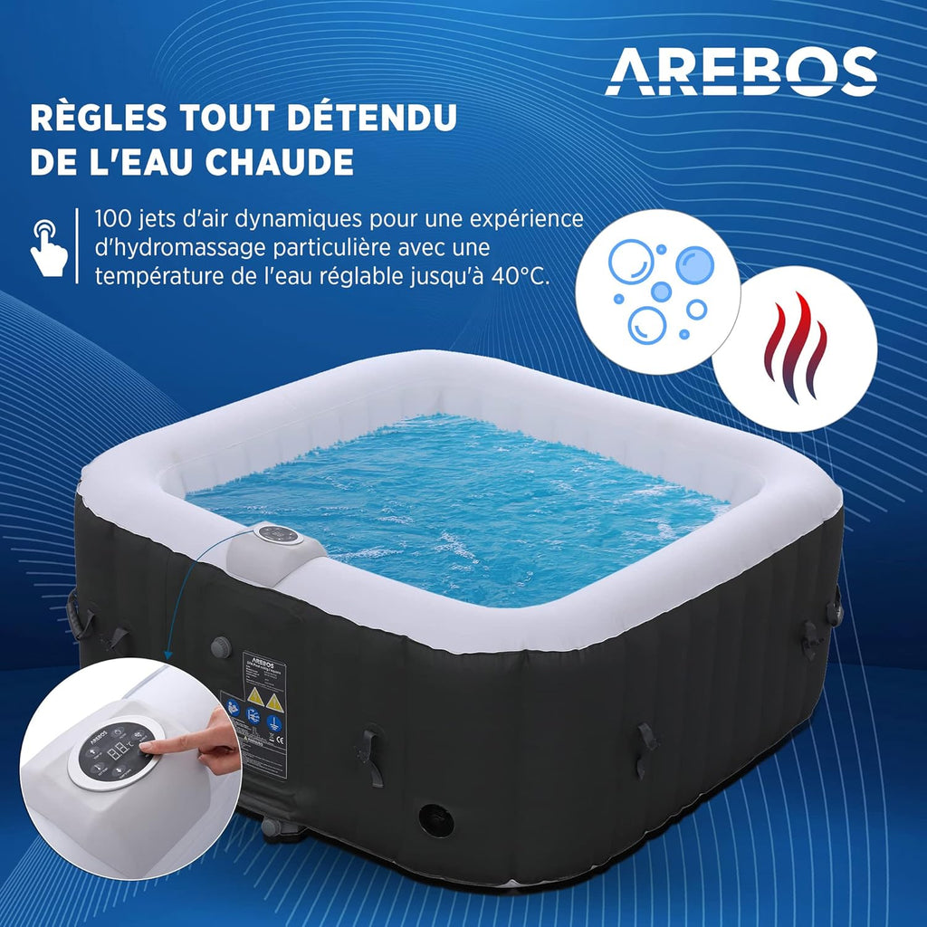 2026 Arebos Spa Gonflable | pour l'intérieur et l'extérieur | 4 Personnes | 154x154cm | 100 Jets de Massage | Spa Bien-être Chauffage | Massage Gonflable Carré | 600 litres