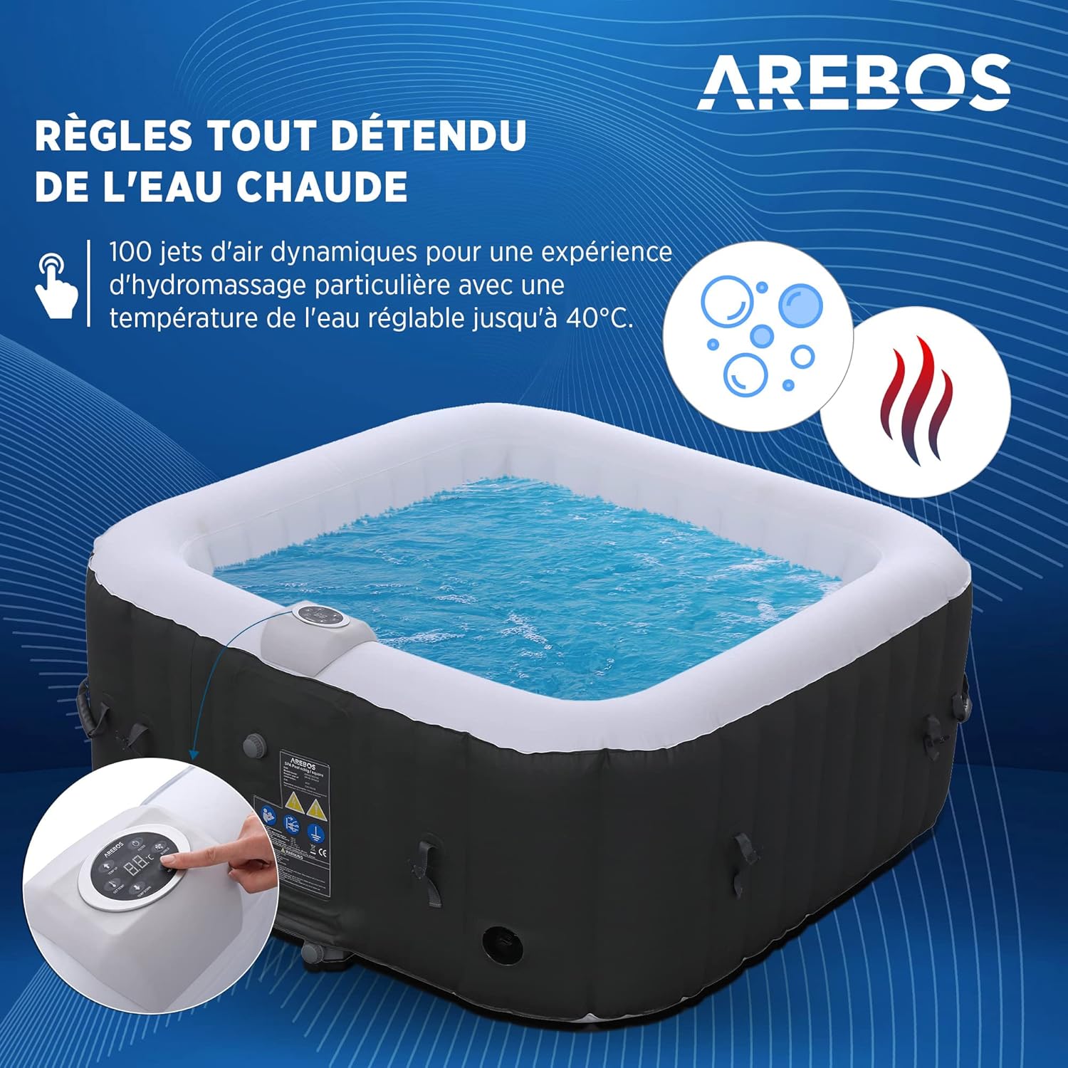 2026 Arebos Spa Gonflable | pour l'intérieur et l'extérieur | 4 Personnes | 154x154cm | 100 Jets de Massage | Spa Bien-être Chauffage | Massage Gonflable Carré | 600 litres