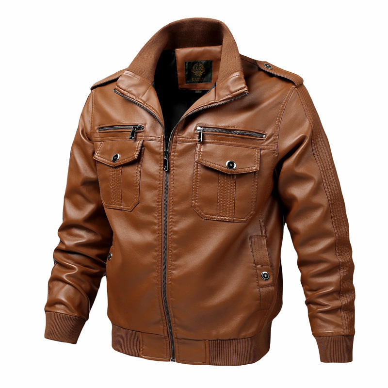 Veste rétro motard en cuir élégant zippé poche pour homme