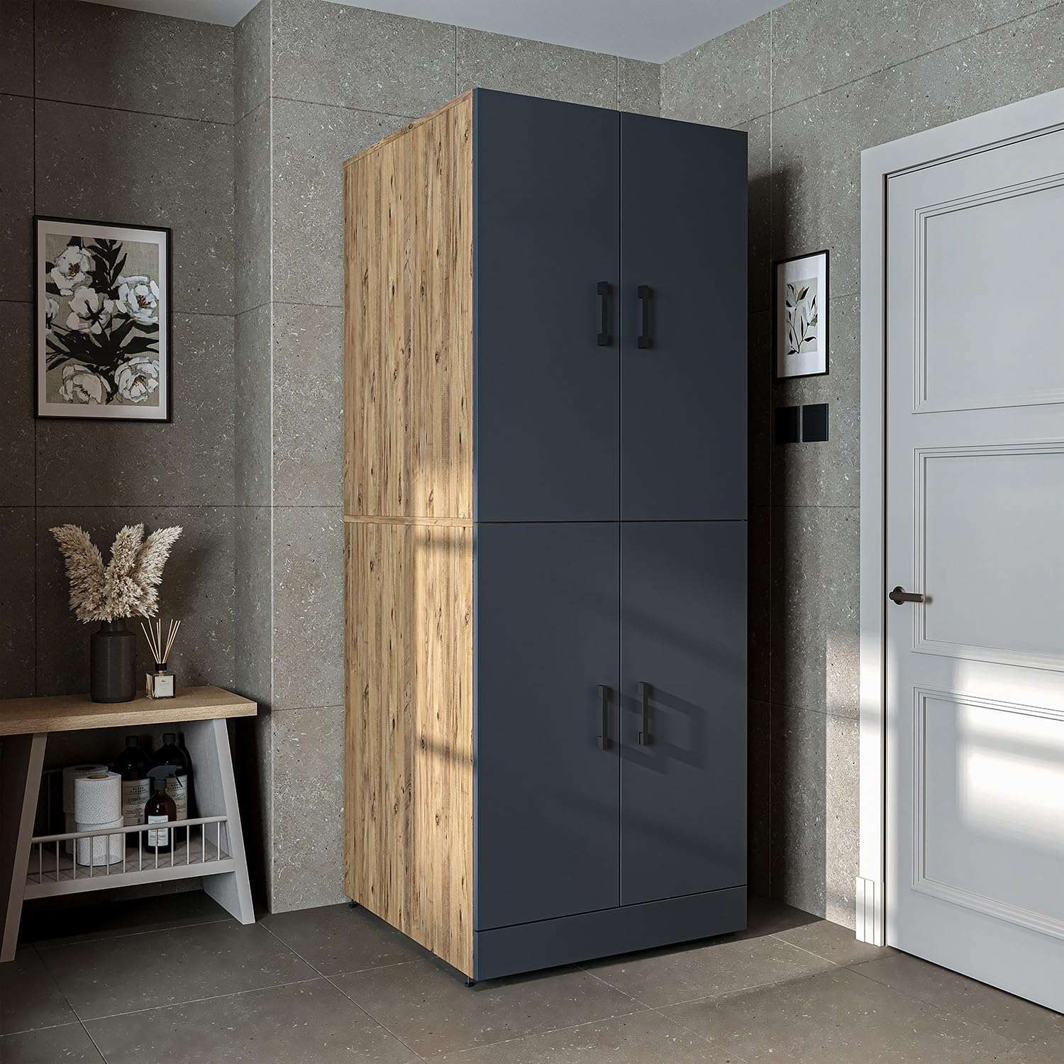 2026 ROOMART Dora Armoire de machine à laver, pour sèche-linge et machine à laver, en 4 couleurs, avec portes et planche coulissante (chêne anthracite)