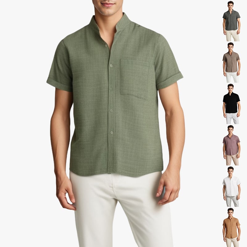 Chemise couleur unie manches courtes à revers en coton et lin été pour homme