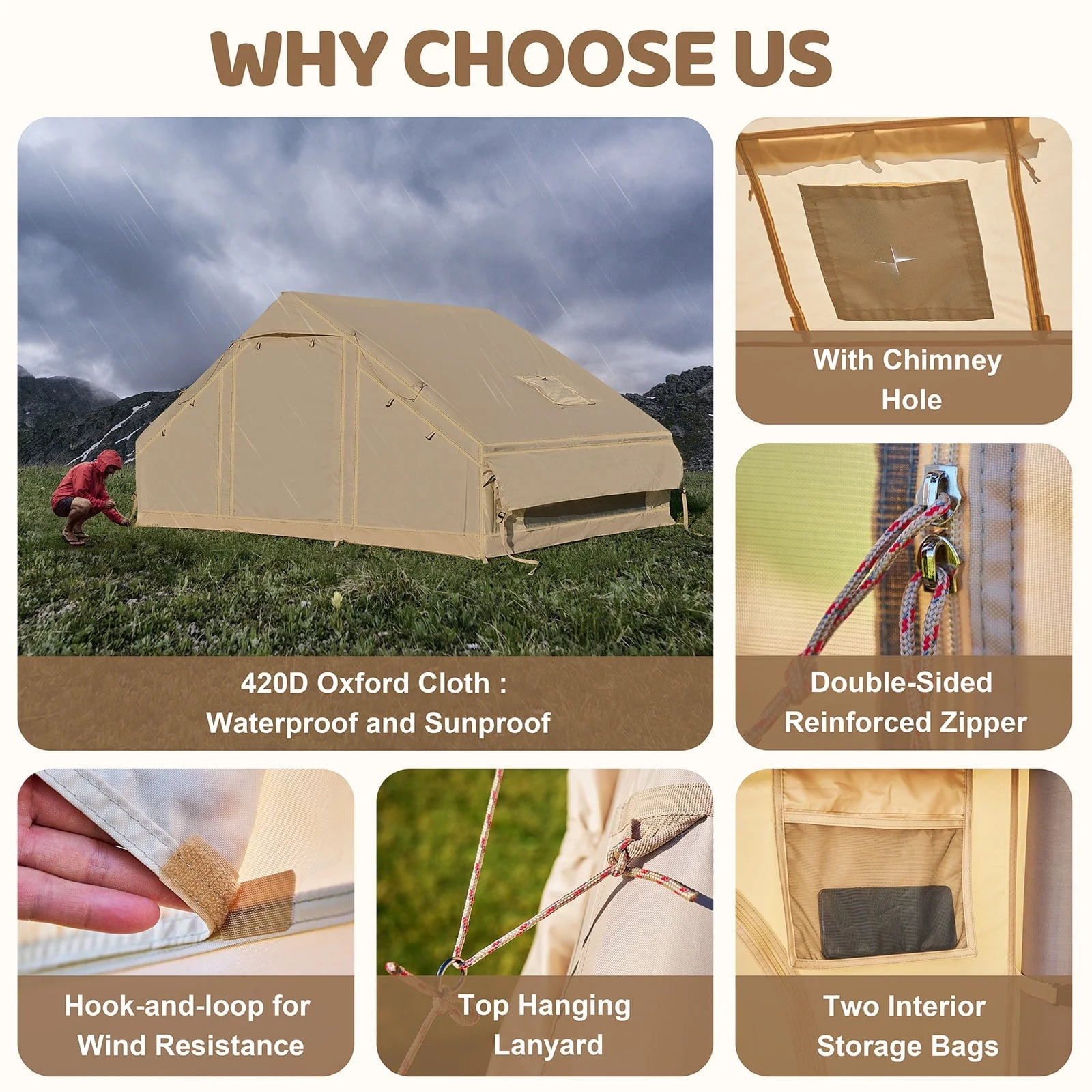 2026 Tenda da campeggio gonfiabile per 6 persone con pompa,tenda familiare Glamping di 10 piedi x 7 piedi Facile installazione 4 stagioni impermeabile antivento all'aperto Blow Up Tent Cabina Oxford di lusso con finestre e porte a rete -