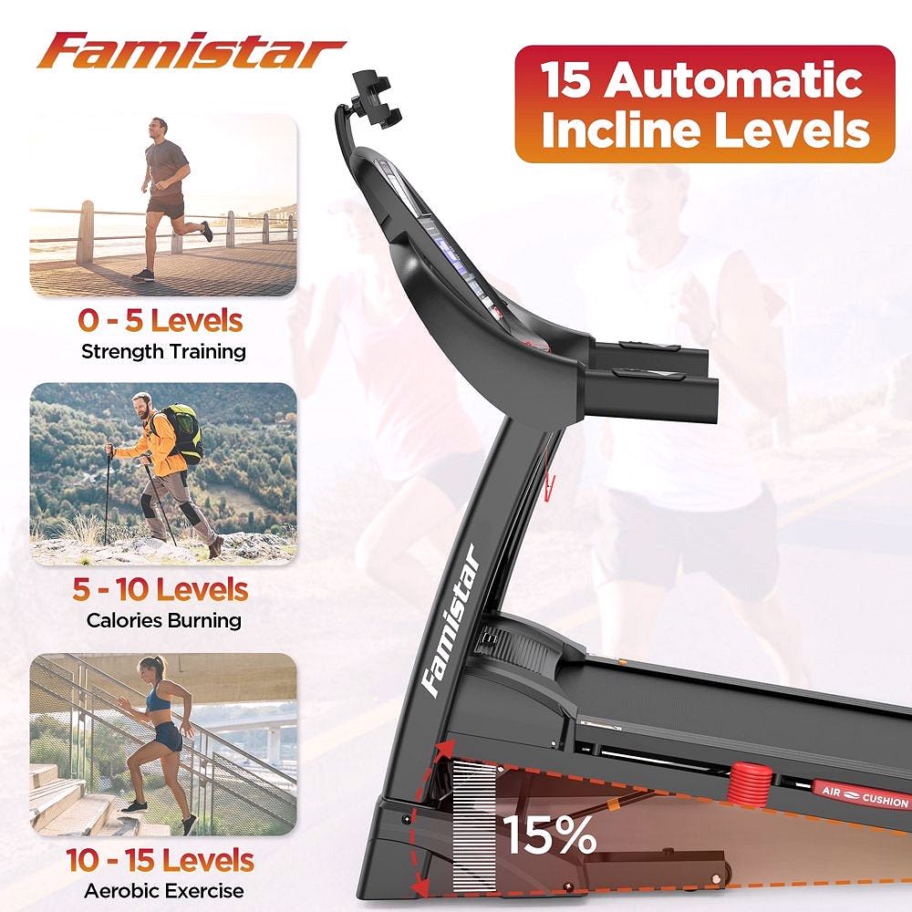 2026 Tapis de course pliable Famistar pour la maison avec inclinaison automatique à 15 niveaux, capacité de 300 lbs, vitesse allant jusqu'à 10 MPH