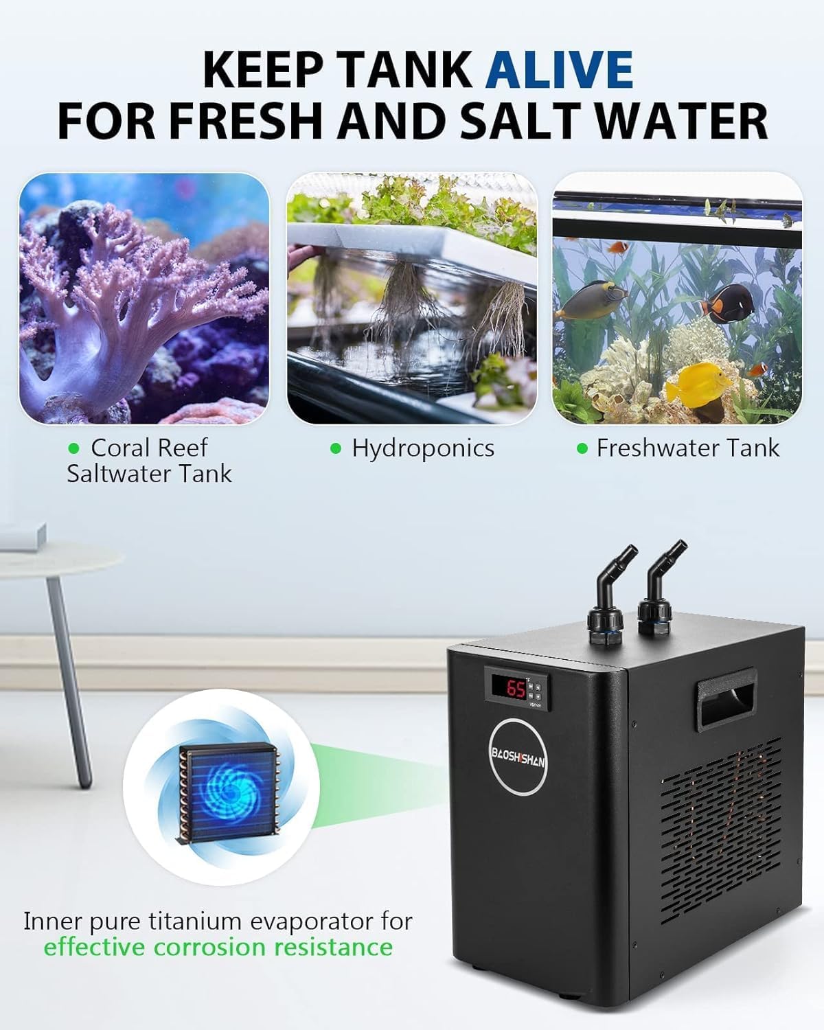 2026 Aquarium-Kühler, 42 Gallonen, 1/10 PS, Wasserkühler, Fischtank-Kühler, spezielles leises Design, Kühlkompressor für Hydrokultur, Wasserpflanzen, Quallen, Korallen, Kristallgarnelen (42 Gallonen/160 l)