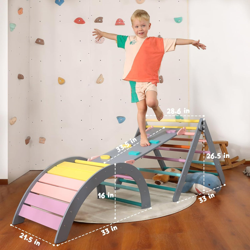 2026 Dreieck-Set mit Kissen, 5-in-1 Montessori-Kletterset, faltbar, Kletter-Indoor-Spielplatz-Set für Kleinkinder, Holz-Kletterspielzeug mit Rampe und Kletterbogen für Kinder (Holzfarbe)
