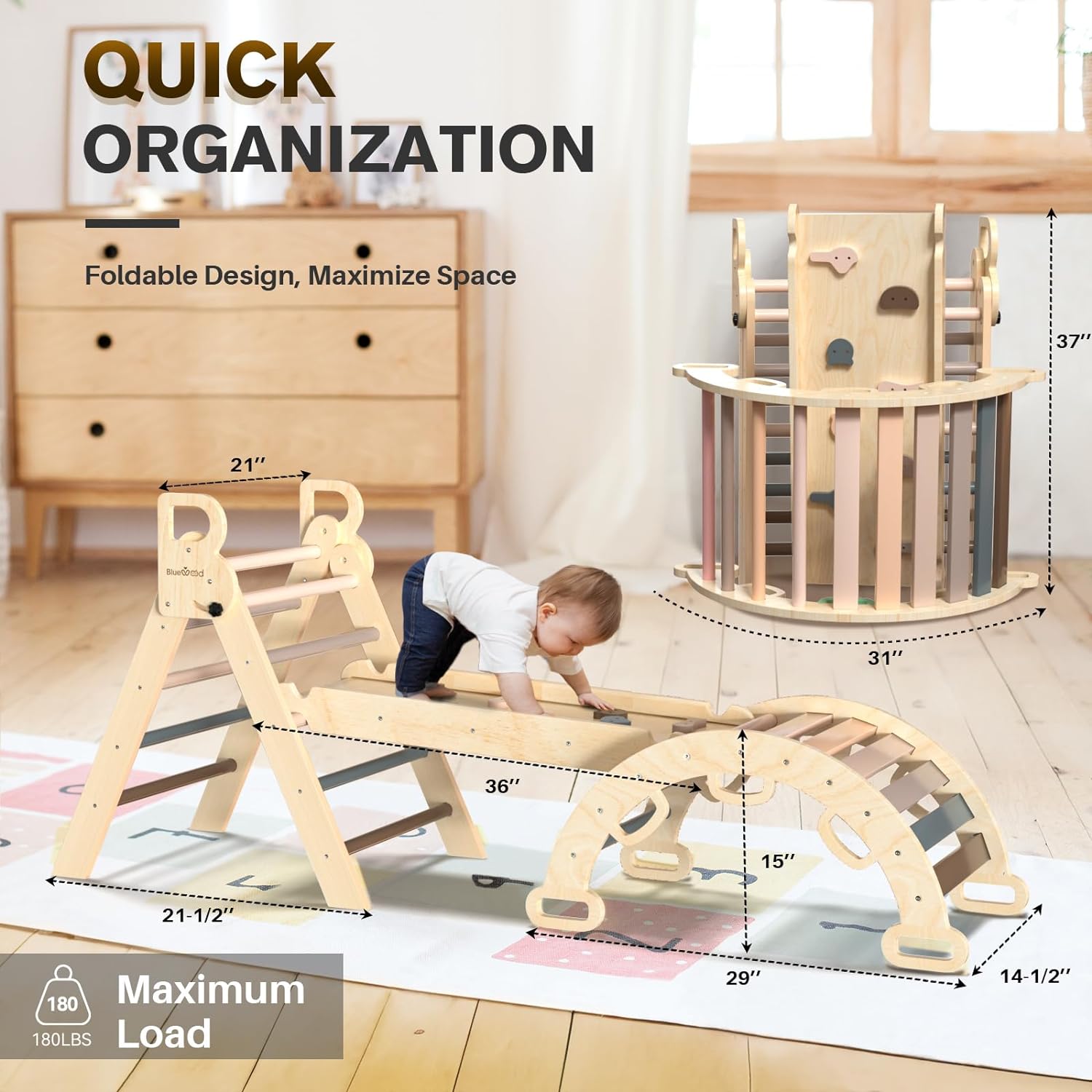 2026 Pikler-Dreieck-Set, 7-in-1, faltbares Baby-Kletterspielzeug, hölzernes Montessori-Kletterset mit Bogen, Rampe und Leiter, Baby-Klettergerät, Indoor-Klettergerüste für Kleinkinder, Montessori-Spielzeug – Regenbogen