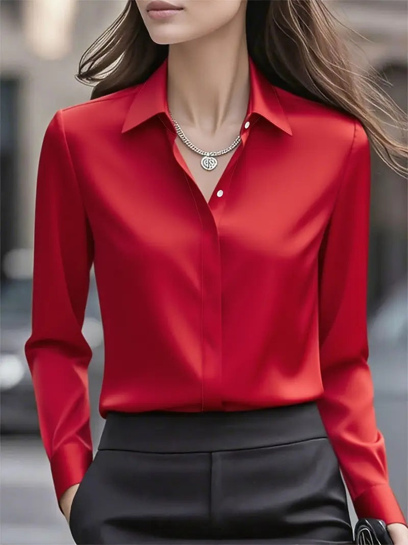 Chemisier tailleur satin à revers manches longues habillé bureau pour femme