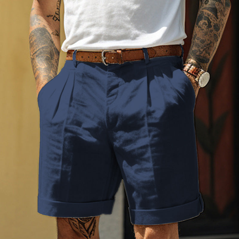 Short plissé poche jambes droites été en coton et lin ample pour homme
