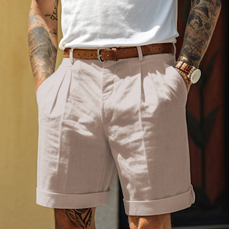 Short plissé poche jambes droites été en coton et lin ample pour homme