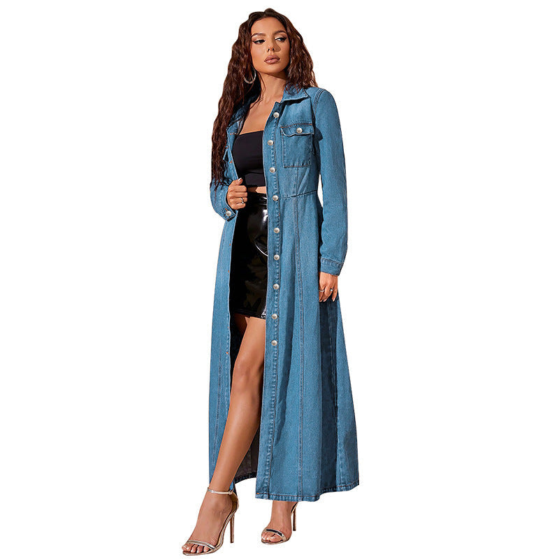 Doudoune en denim boutonné maxi décontracté style urbain pour femme